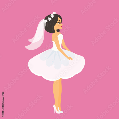 Cartoon bride. Happy female in fashionable short wedding dress. Attractive fiancee women