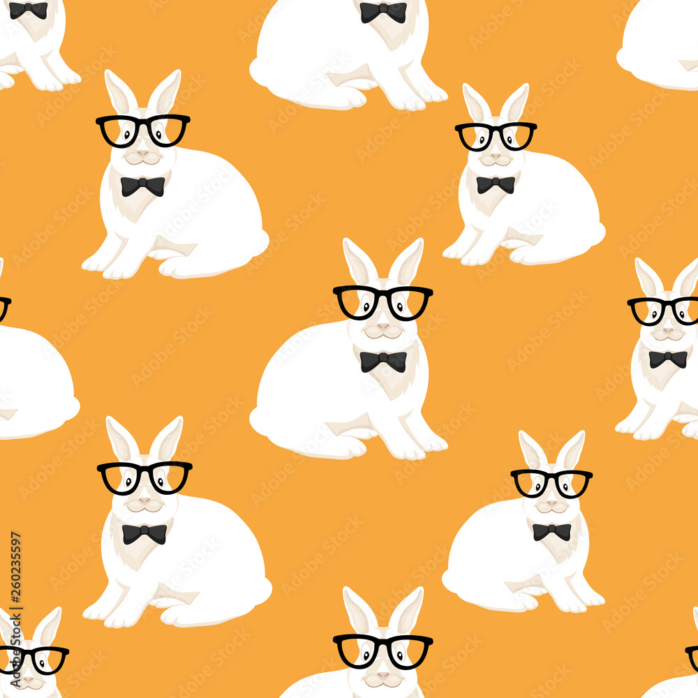 Seamless pattern with white rabbits in glasses on an orange background.