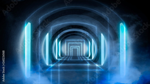 Fototapeta Naklejka Na Ścianę i Meble -  Abstract tunnel, corridor with neon rays and light. Portal additional reality. Abstract background round arch, lamps, light lines.