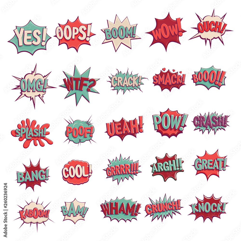 Comic sound effects in retro pop art vector style. Sound bubble speech with  word and comic cartoon expression sounds isolated on white background  illustration Stock Vector | Adobe Stock