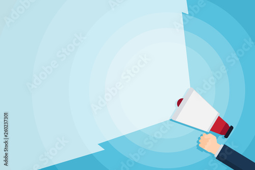 Hand Holding Megaphone with Blank Wide Beam for Extending the Volume Range Design business concept Empty template copy space text for Ad website isolated