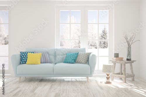 White stylish minimalist room with sofa and winter landscape in window. Scandinavian interior design. 3D illustration