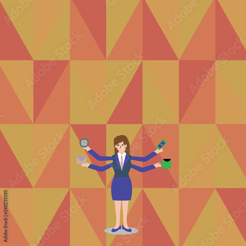 Businesswoman with Four Arms Extending Sideways Holding Workers Needed Item Design business concept Empty template copy space text for Ad website isolated