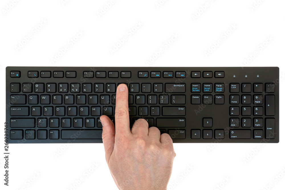 Hand press button on computer keyboard Hand press button on computer keyboard