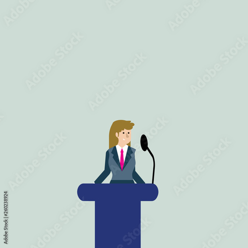 Businesswoman Standing Behind Podium Rostrum Speaking on Wireless Microphone Design business concept Empty copy space modern abstract background