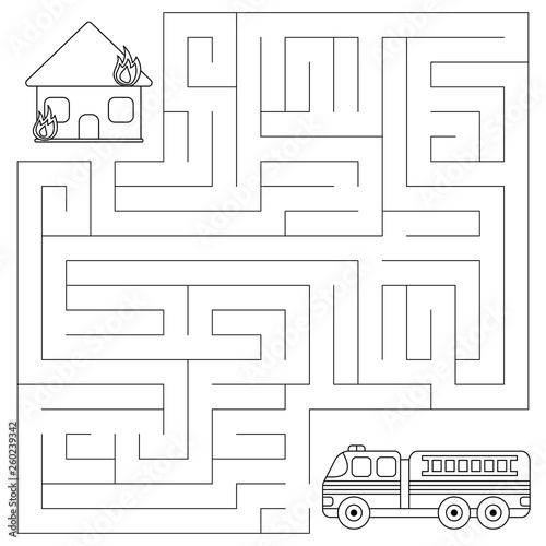 Maze game for kids. Vector coloring page. Help the fire engine find the right path to the burning house.