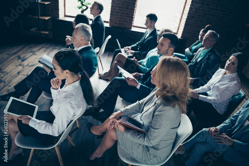 Canvas Print Above high angle view of nice focused trendy stylish elegant intelligent manager