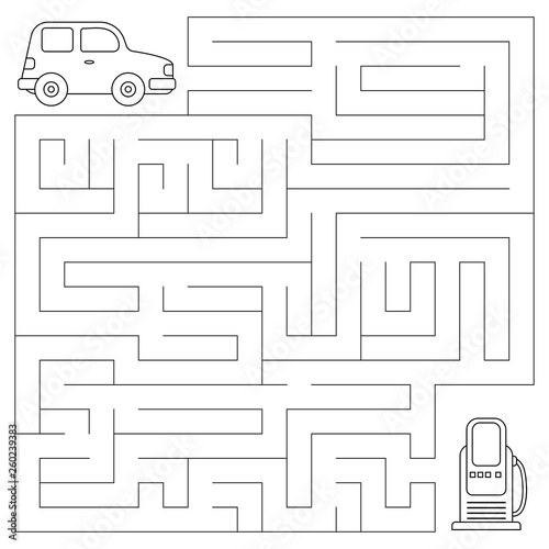 Maze game for children. Vector coloring page. Help the car find the right path to the gas station.