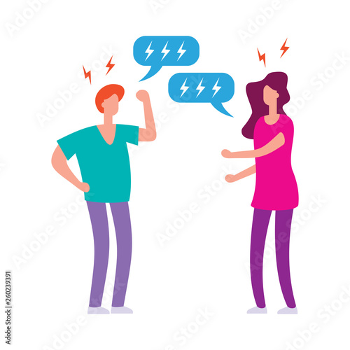 Angry man and woman couple have quarrel flat illustration. Unhappy family conflict, misunderstanding, disagreement in relationship concept