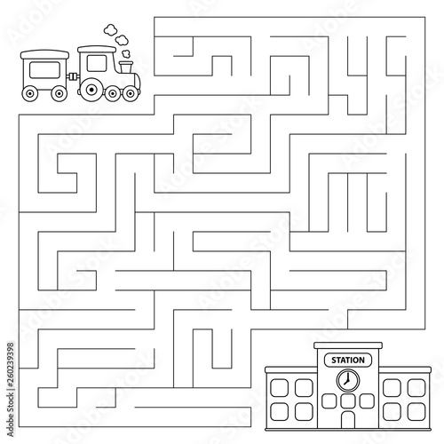 Maze game for preschool children. Vector coloring page. Help the train find the right path to station.