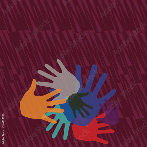 Color Hand Marks of Different Sizes Overlapping for Teamwork and Creativity Business concept Empty template copy space isolated Posters coupons promotional material