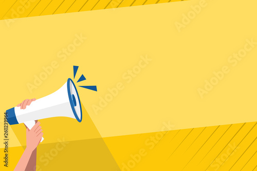 Human Hand Holding Tightly a Megaphone with Sound Icon and Blank Text Space Design business Empty template isolated Minimalist graphic layout template for advertising