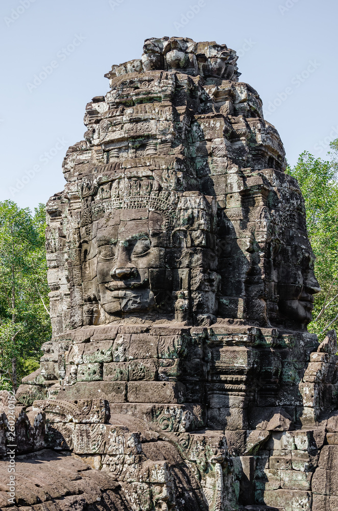 Smiling Faces of Bayon Temple in Angkor Thom is The Heritage of Khmer Empire at Siem Reap Province, Cambodia.