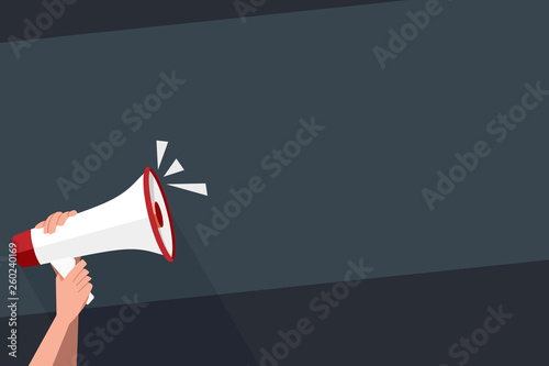 Human Hand Holding Tightly a Megaphone with Sound Icon and Blank Text Space Design business concept Empty template copy space text for Ad website isolated