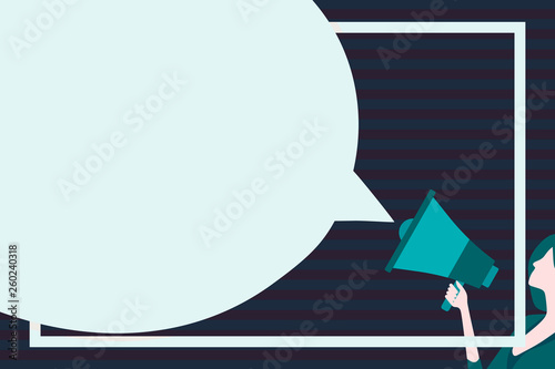 Huge Blank Speech Bubble Round Shape. Slim Woman Holding Colorful Megaphone Design business concept Empty copy text for Web banners promotional material mock up template