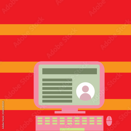 Desktop Computer Mounted on Stand with Online Profile Data on Monitor Screen Design business concept. Business ad for website and promotion banners. empty social media ad