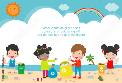 Group of Volunteer Children Cleaning Beach,Template for advertising brochure,your text, Save the World, poster background Illustrator Vector