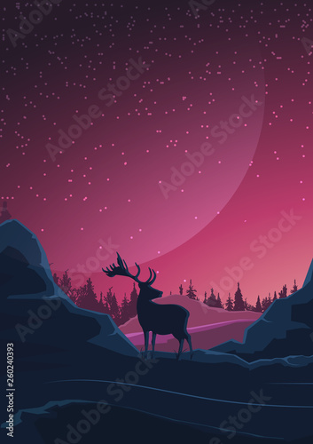 Space landscape in purple tones, nature on another planet and silhouette of a deer. Vector illustration.