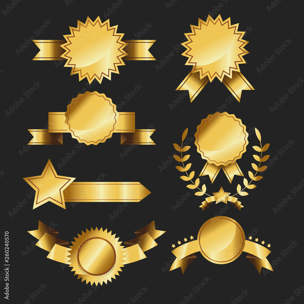 Set of Gold brown labels ribbon quality award set collection Retro Gold Ribbons Vector Illustration. beautiful festive. tape banner flag bow. on black background Set of Gold brown labels ribbon quality award set collection Retro Gold Ribbons Vector Illustration. beautiful festive. tape banner flag bow. on black background