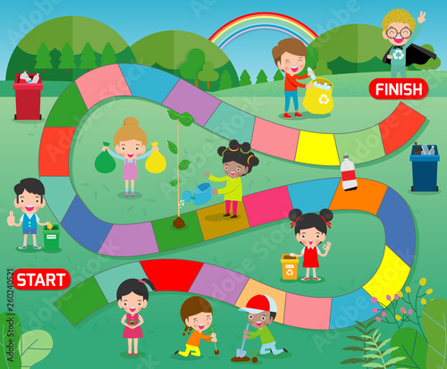 board game with Volunteer Children recycle, Kids Planting, Illustration of a board game with child Save the World background
