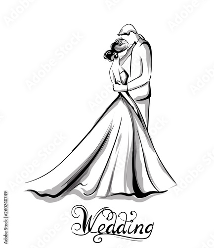 Wedding couple silhouette Vector line art. Beautiful bride and groom. Template for design cards