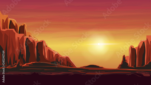 Sunrise in a sandy canyon in warm orange tones. Vector illustration