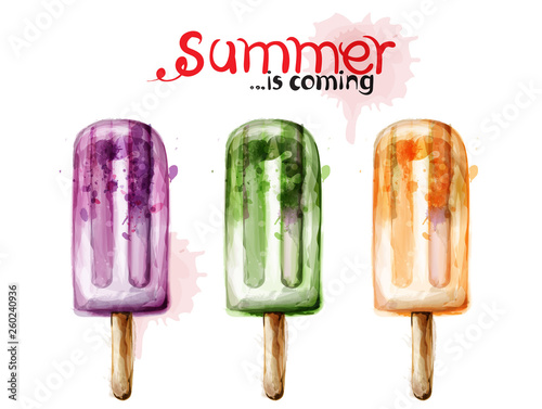 Summer ice cream watercolor Vector. Colorful juicy desserts