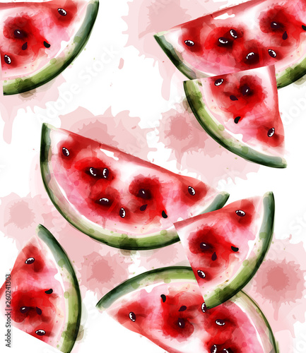 Watermelon Vector watercolor texture. Fruits pattern backgrounds