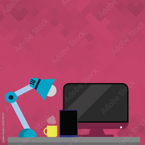 Arrangement of Workspace for Nightshift Worker with Computer,Tablet and Lamp Copy Space design Empty template text for Ad, promotion, poster, flyer, web banner, article