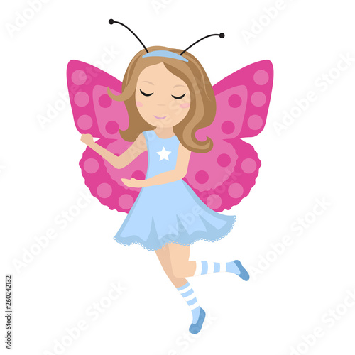 Cute girl butterfly icon in flat, cartoon style. Baby carnival costume. Isolated on white background. Vector illustration.