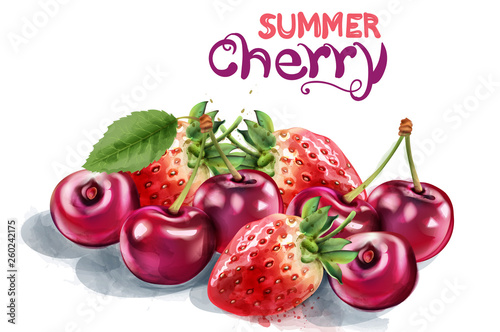 Strawberry and cherry Vector watercolor. Summer season cards