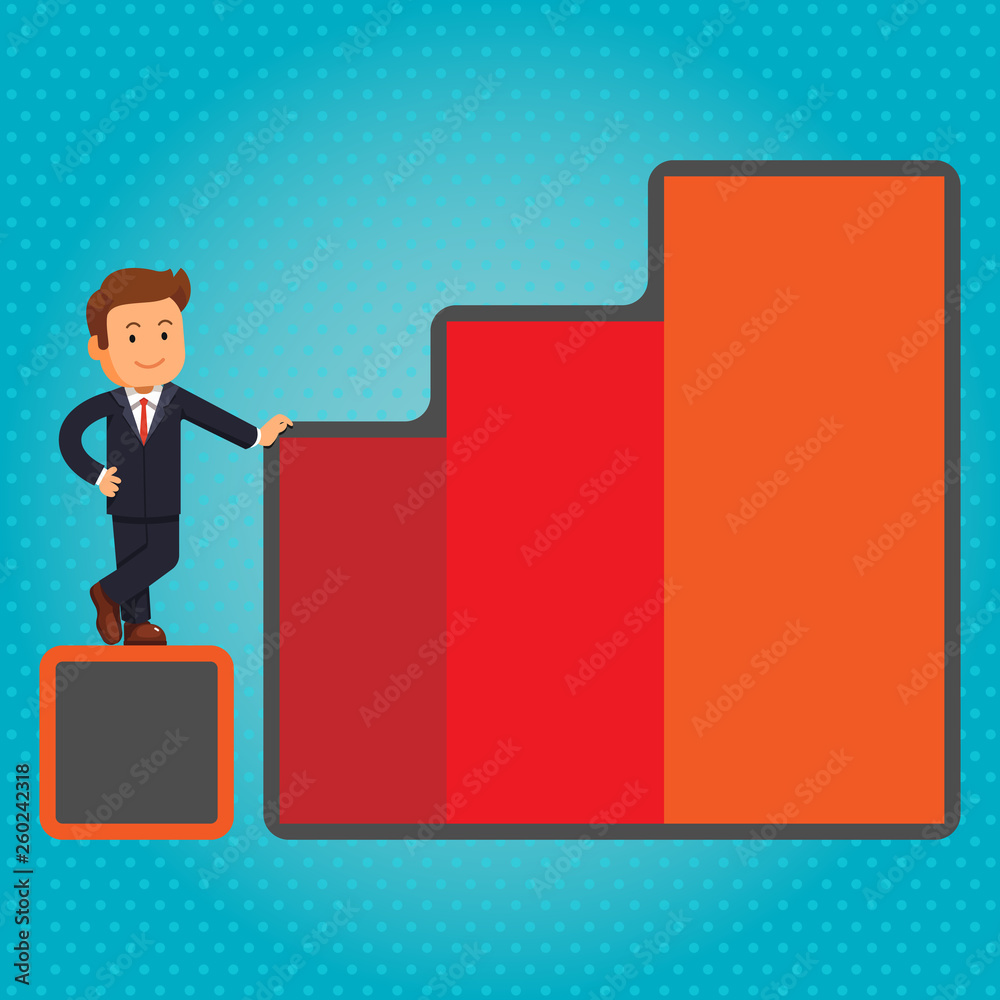 Happy Businessman Presenting Growth and Success in Rising Bar Graph Columns Design business concept Empty copy space modern abstract background