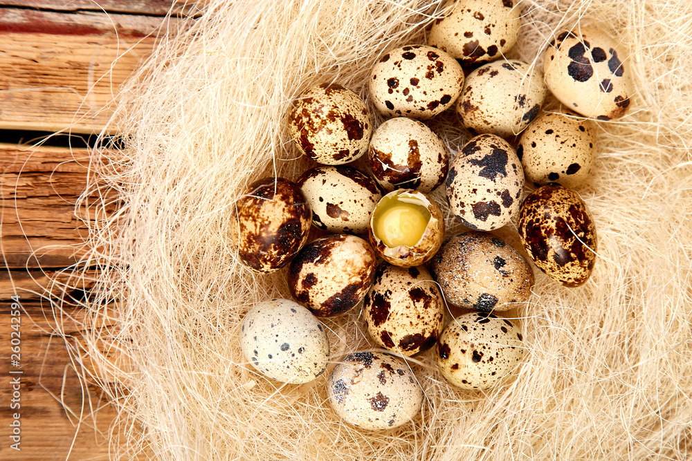Quail easter eggs in the nest on wooden background. Quail easter eggs in the nest on wooden background.
