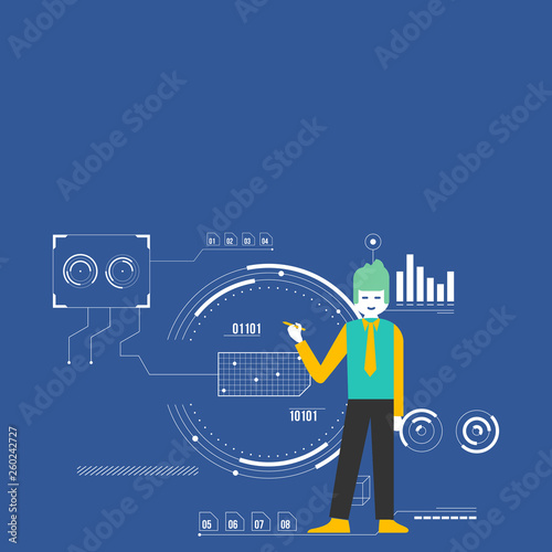 Man Standing Holding Pen Pointing to Chart Diagram with SEO Process Icons Design business Empty copy space text for Ad website promotion isolated Banner template