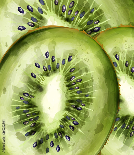 Kiwi pattern close up Vector watercolor. Summer fresh texture backgrounds