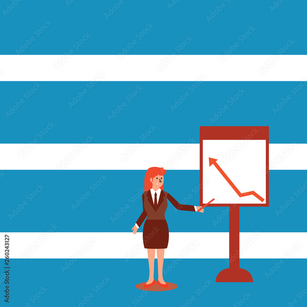 Businesswoman Holding Stick Pointing to Chart of Arrow Upward on Whiteboard Design business concept Empty copy space modern abstract background Businesswoman Holding Stick Pointing to Chart of Arrow Upward on Whiteboard Design business concept Empty copy space modern abstract background