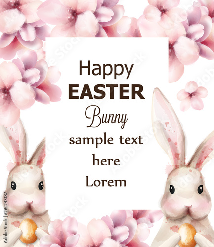 Easter bunny rabbit and cherry flowers Vector. Cute pet holiday card on white...