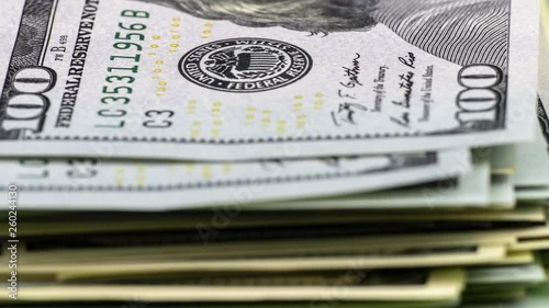 Spending money concept. Bundle of American dollars is decreasing one by one bill, becoming smaller and smaller. Stop motion animation.