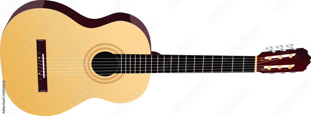 Realistic vector musical instrument. Wood brown classic acoustic guitar.
