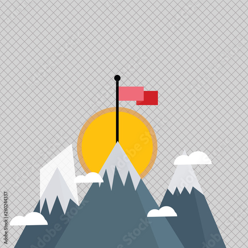 Three High Mountains with Snow and One has Blank Colorful Flag at the Peak Design business concept Empty template copy space text for Ad website isolated.