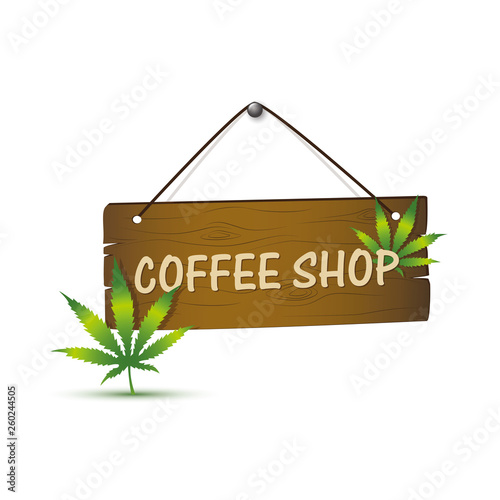 wooden sign with cannabis weed leaf and coffee shop typography vector illustration EPS10