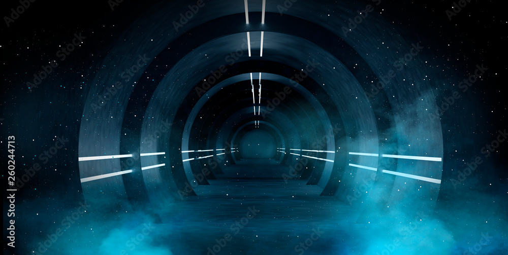Abstract tunnel, corridor with neon rays and light. Portal additional reality. Abstract background round arch, lamps, light lines. 3D illustration.