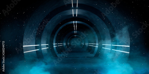 Fototapeta Naklejka Na Ścianę i Meble -  Abstract tunnel, corridor with neon rays and light. Portal additional reality. Abstract background round arch, lamps, light lines. 3D illustration.