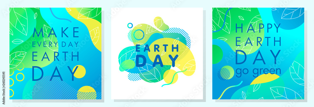 Fototapeta premium Set of Earth Day posters with bright gradient backgrounds,liquid shapes,tiny leaves and geometric elements.Earth Day layouts perfect for prints, flyers,covers,banners design and more.Eco concepts.