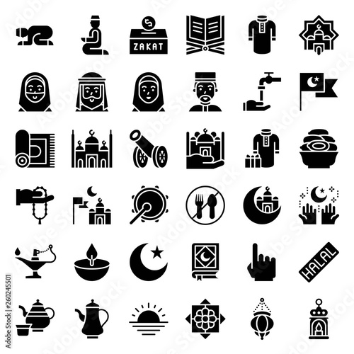 Ramadan related vector icon set, solid style
