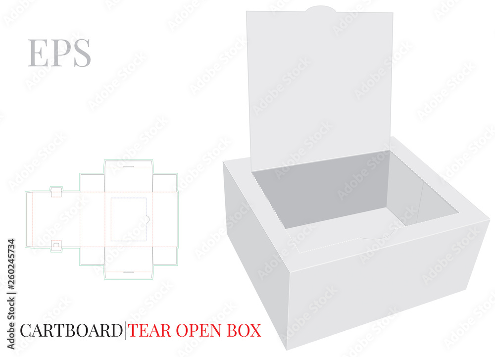 Tear Open Box Template with die cut lines. Vector with die cut / laser cut  layers. White, clear, blank, isolated Open Paper Box mock up on white  background with perspective presentation. Stock