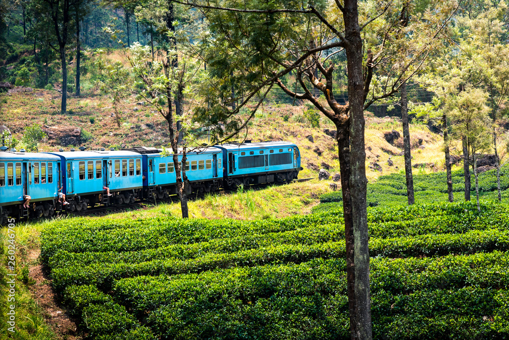 Scenic blue train through Sri Lanka highlands Scenic blue train through Sri Lanka highlands