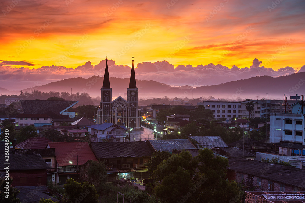 beautiful sunrise at Catholic Church in Chantaburi, Thailand