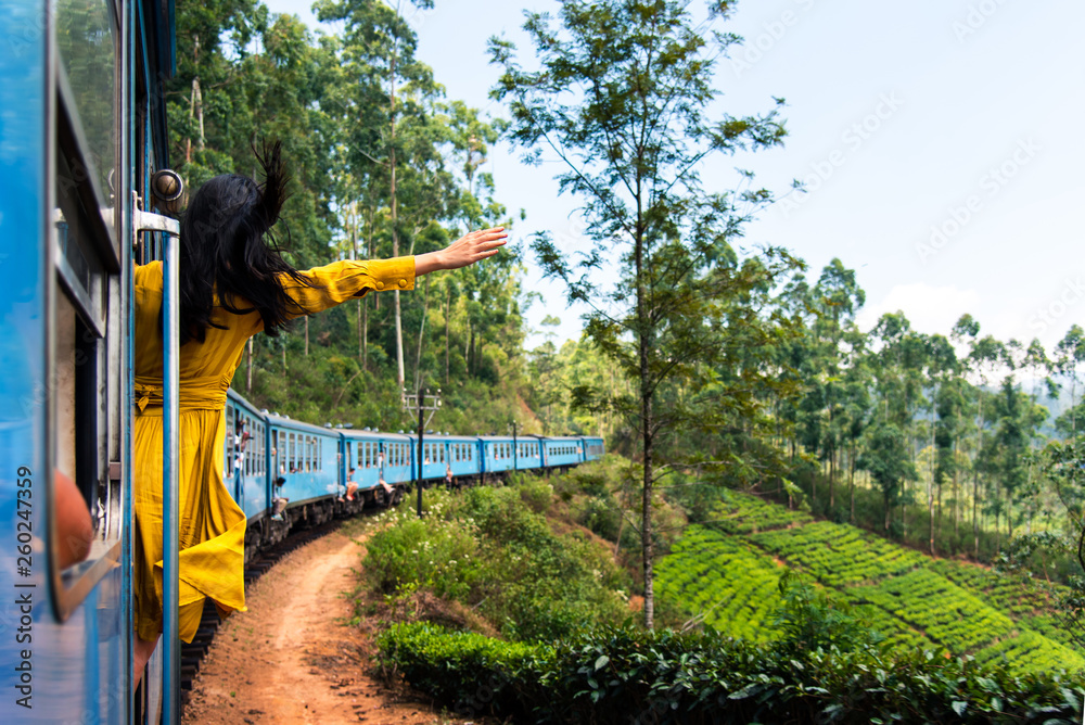 Woman enjoying train ride through Sri Lanka tea plantations - obrazy, fototapety, plakaty 