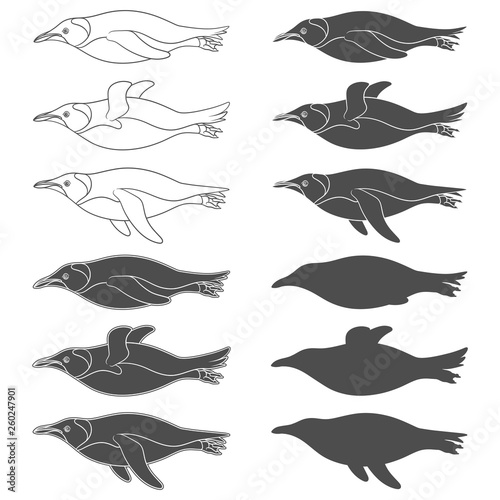 Set of black and white illustrations with swimming penguins. Isolated vector objects on white background.